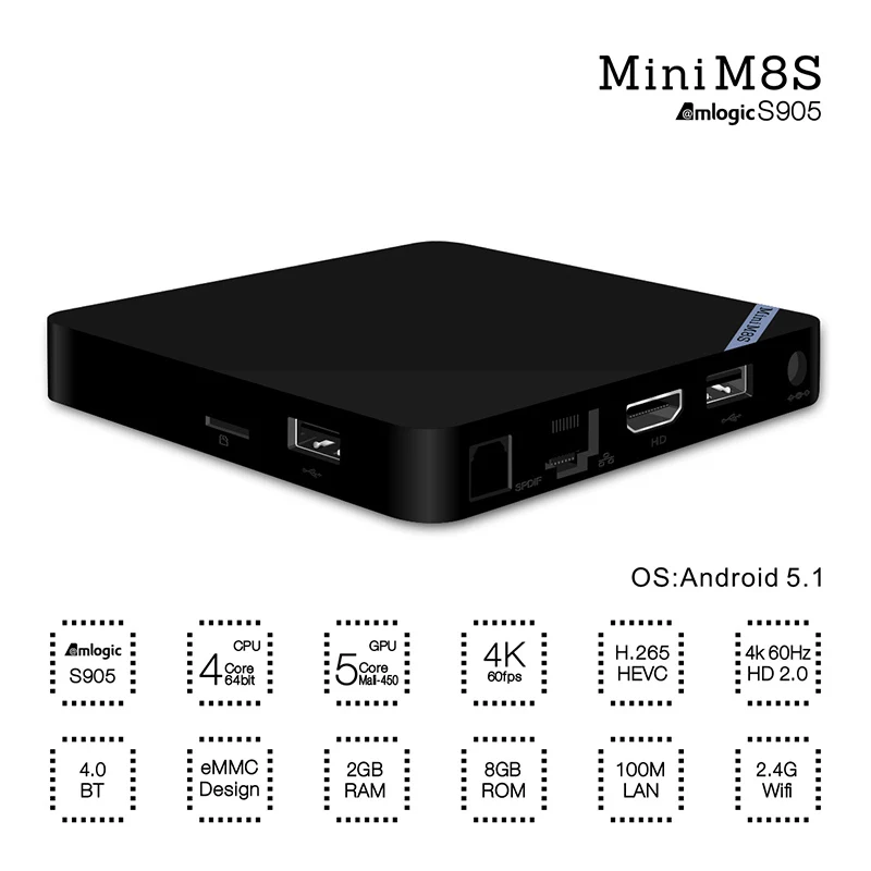 100% Подлинные МИНИ M8S 2 ГБ 8 s905 Amlogic Android 5.1 Quad core поддержка 4 К H.265 BT 4.0 100 Мбит/С LAN 2.4 Г