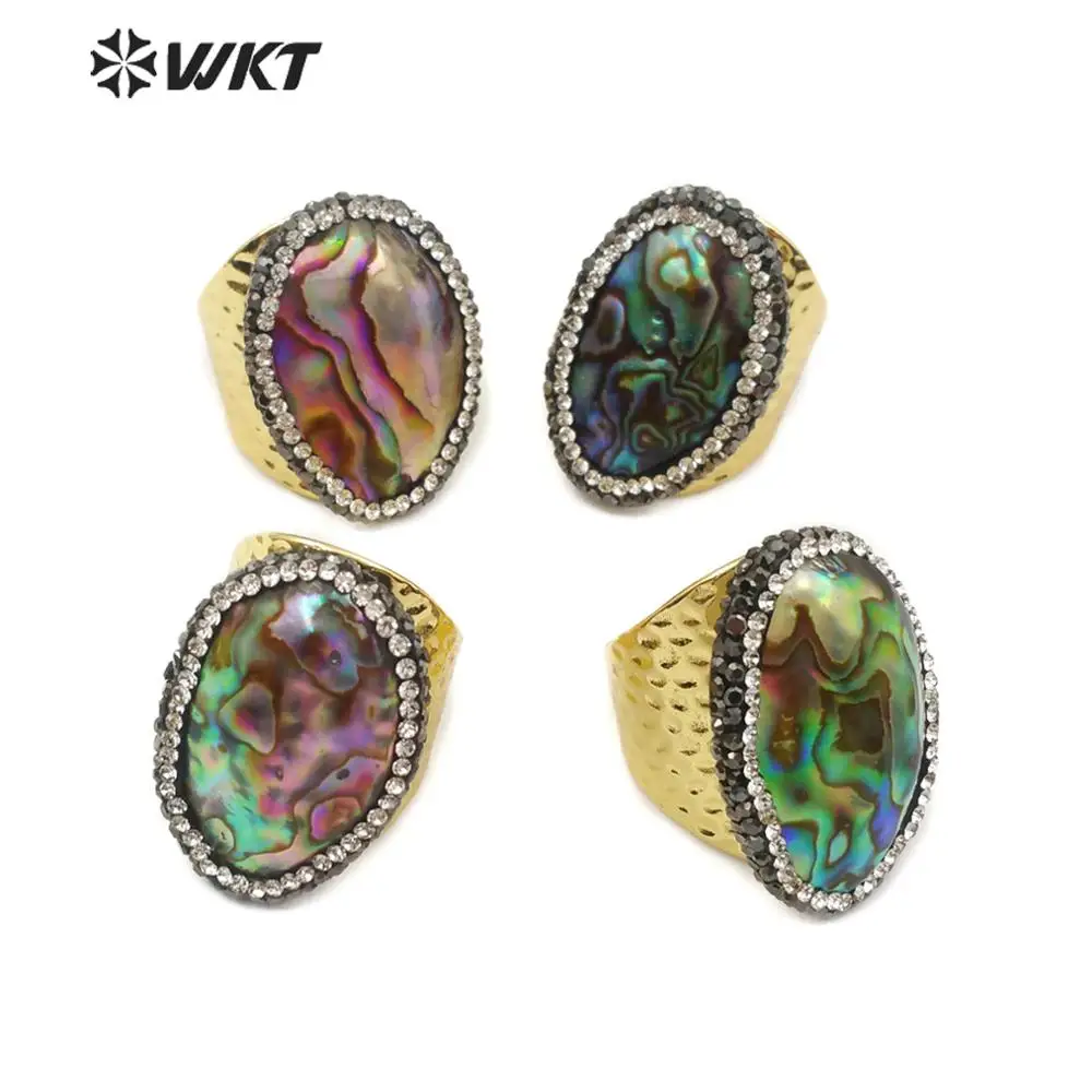 WT-RR030 Abalone Shell Ring with Rhinestone Pave Beautiful Rainbow Color Natural Sea Adjustable For Women | Украшения и