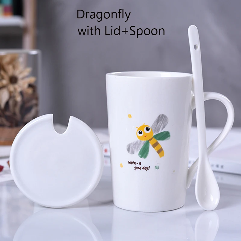 Dragonfly Spoon Lid Unibird 400 мл Мультяшные керамические кружки с чаем для заварки влюбленных подарок кофейные кружки Питьевая чашка посуда для напитков молочный стакан для завтрака - Цвет: Dragonfly Spoon Lid
