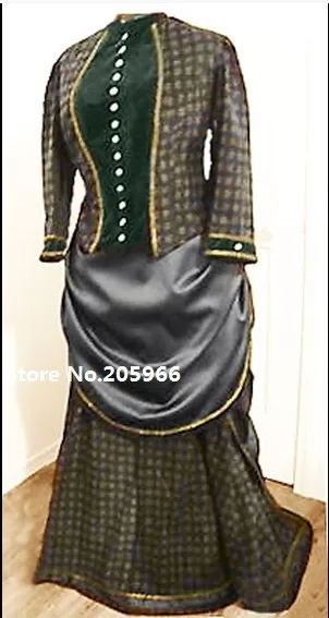 

Free Shipping 1886 Victorian Bustle dress costume reproduction with VELVET and plaid/Vintage Costume/Event Dress