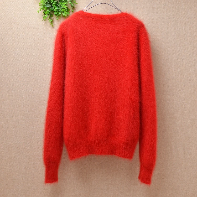 Ladies women autumn red christmas small size plush angora rabbit fur knitted V-neck long sleeves cardigans sweater coat winter |