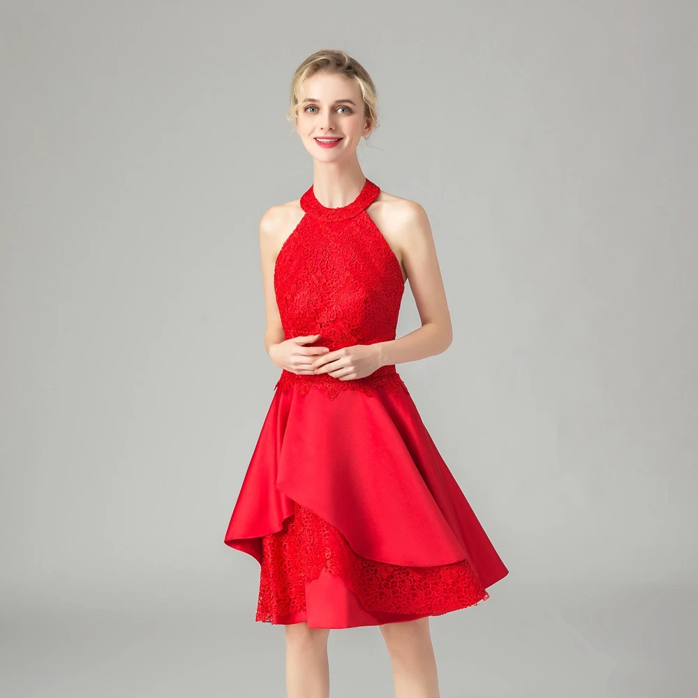 SSYFashion/новое коктейльное платье Красное Кружевное атласное мини с лямкой на шее и