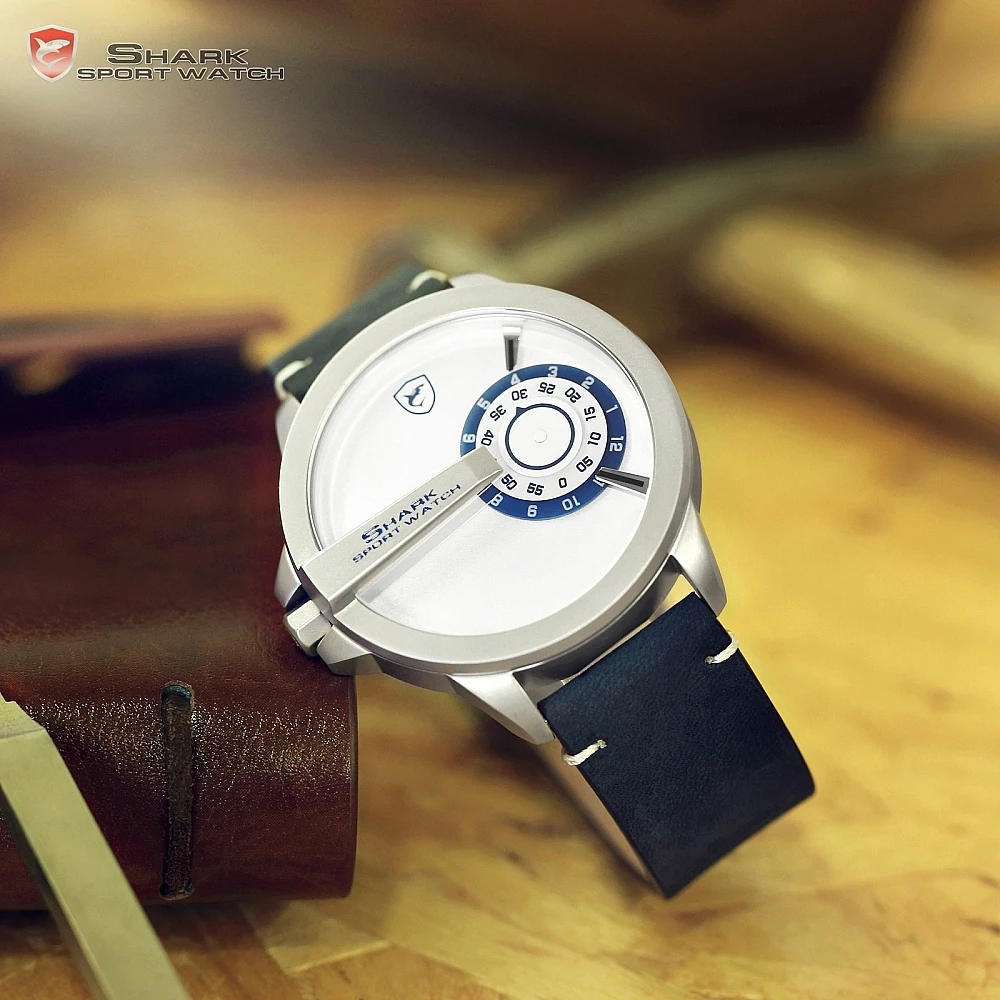 New SHARK Sport Watch Turntable Dial Special Design Quartz Crazy Horse Leather Strap Waterproof Male Wrist Creative Watch /SH561