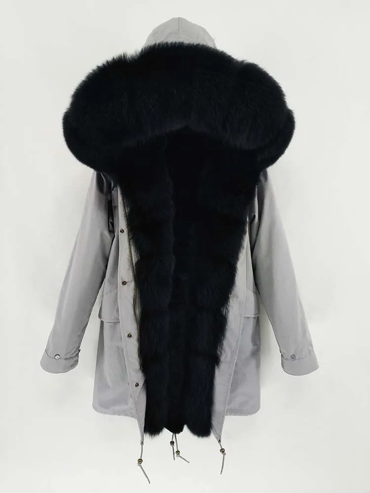 black fur Непромокаемая Длинная зимняя парка Куртка женская Меховое пальто Воротник мех лисы Теплая уличная мода новая - Цвет: black fur