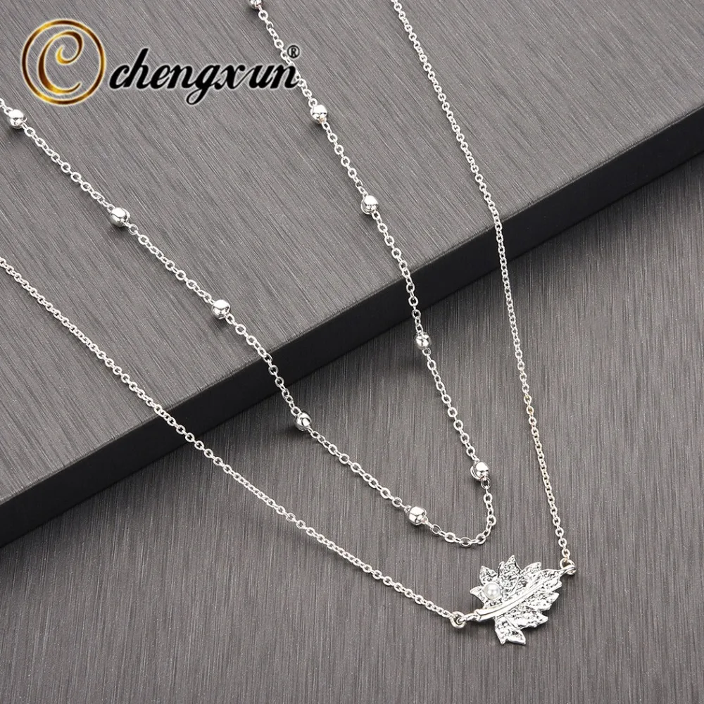 CHENGXUN Delicate Leaf Leaves with Pearl Multi Layer Necklaces for Women Pendants Jewelry Beads Long C hain Necklace | Украшения и