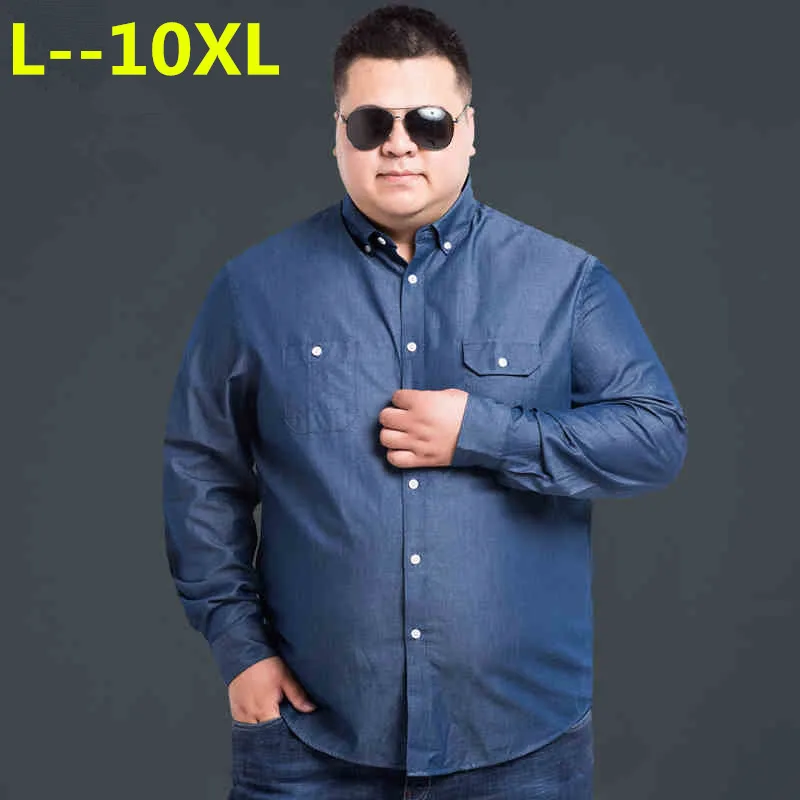 8XL 6XL 5XL весна осень Мужская рубашка с длинным рукавом модная Повседневная джинсовая рубашка мужская хлопковая рубашка размера плюс на пуговицах camisa masculina