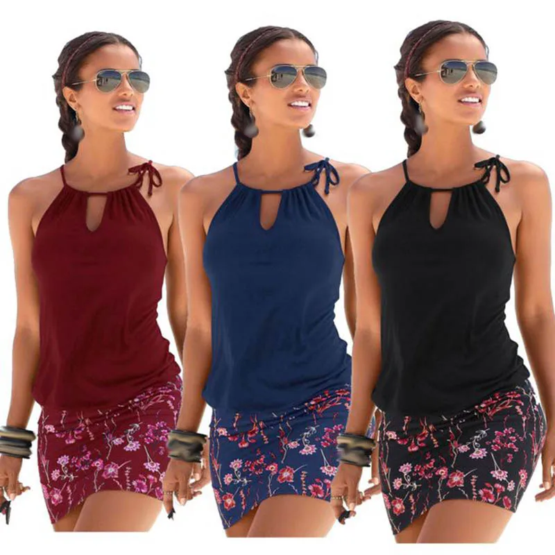 

2019summer clothes for women floral wrap dressWomen's solid color stitching print elastic waist dress women's beach casual dress