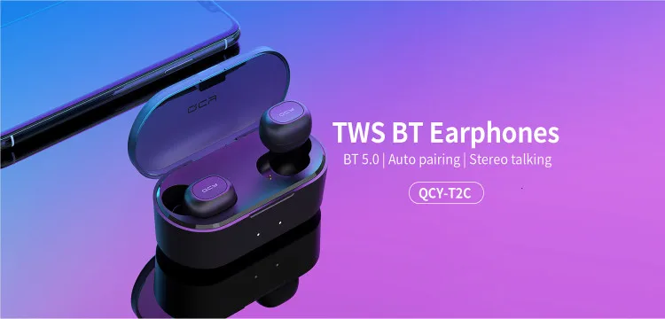 QCY T2C Мини Bluetooth наушники с микрофоном беспроводные наушники спортивные наушники шумоподавление Гарнитура и зарядная коробка