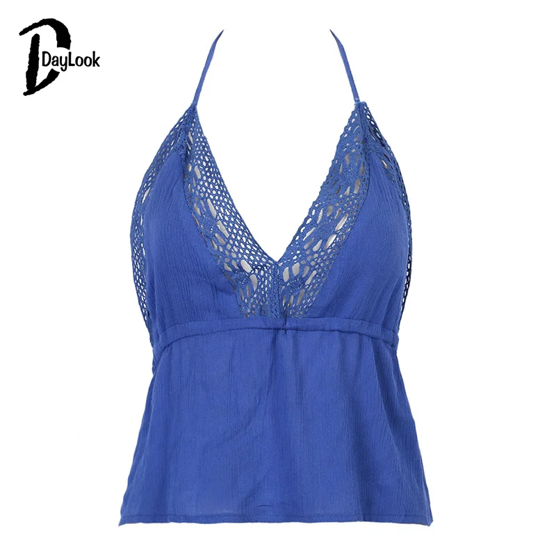 DayLook 2016 Летний Топ Женщин Синий и Белый Холтер Кружева Сетки Открытым вернуться