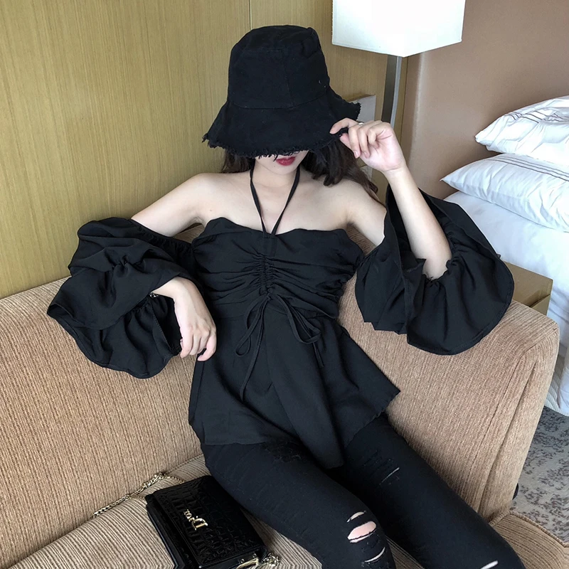 

Women's Clothing lantern sleeve slash neck nine quarter sweet white loose off shoulder Backless ladies tops fashion brand summer