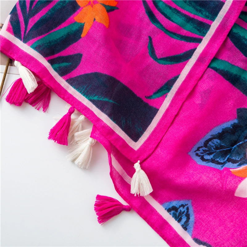 

Vintage scarf warm rose red tone tropical plant color tassel seaside vacation beach towel