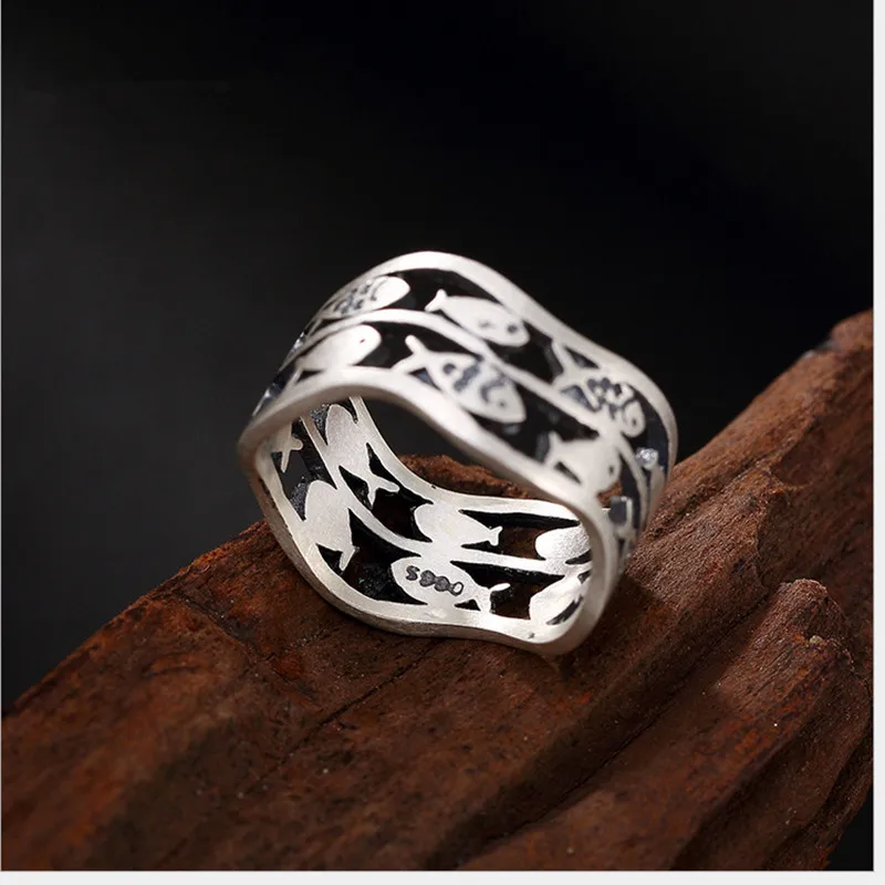 

Uglyless Real 990 Fine Silver Women Dress Jewelry Vintage Ethnic Hollow Wide Finger Ring Cute Totem Fishes Rings Handmade Bijoux