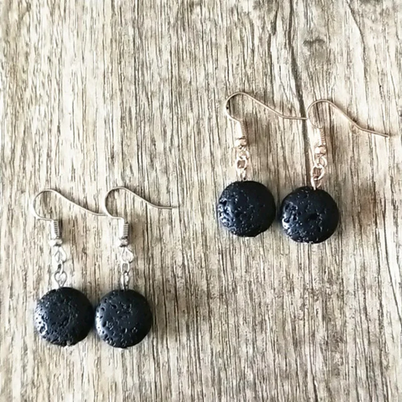 Flat Round Black Lava Stone Bead Aromatherapy Earrings DIY Essential Oil Diffuser Earrings Gold Silver Jewelry