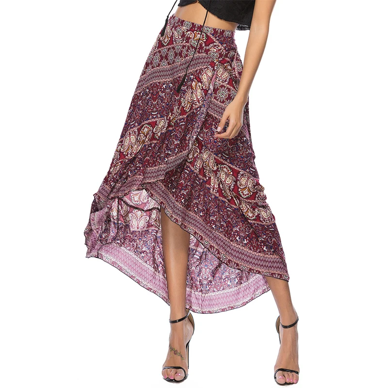 WLLW Women Long Skirt Wrap Lace Up Bohemian skirt Paisley Print Split Front Splice Beach | Женская одежда