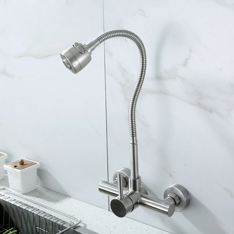 stainless steel wall mounted kitchen faucet wall kitchen mixers kitchen sink tap 360 degree swivel flexible hose double holes free global shipping