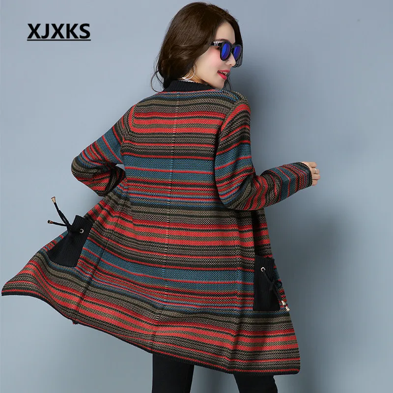XJXKS Round Neck Caridgans Sweater Coat Lace Up Pockets With Colorful Striped Knitted Autumn Women Sweaters Coats |