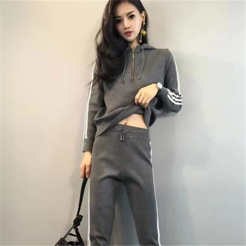 SUDB Survetement Women 2 Piece Set Top And Pants Casual Black Grey Crop Drawstring Track Suit | Женская одежда