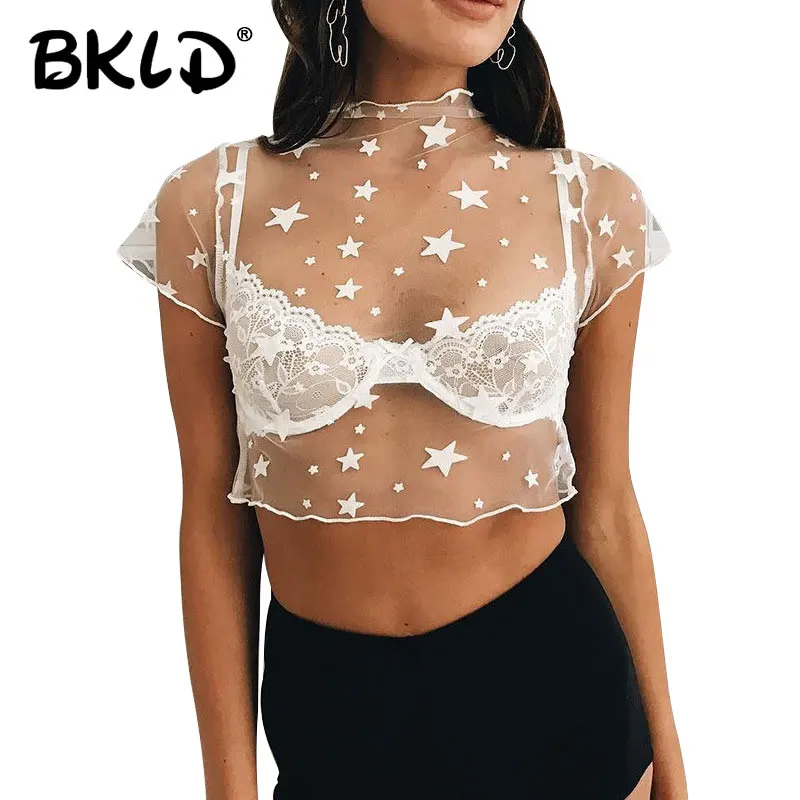 Женская Прозрачная Футболка BKLD Сетчатая футболка с круглым вырезом и вышивкой в