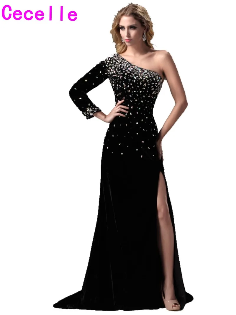 Новинка 2019 сексуальные длинные черные вечерние платья на одно плечо с разрезом