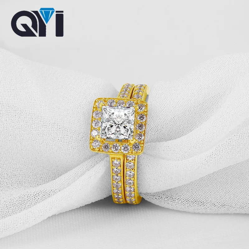 QYI 14K Solid Yellow Gold Wedding Ring Set Customized Jewelry Round Moissanite Engagement Rings For Women