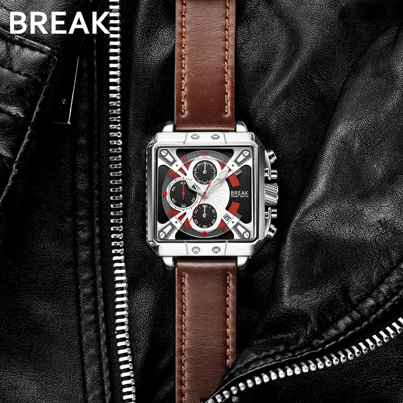 BREAK Men 2019 New Luxury Top Brand Quartz Sport Watch Square Dial Leather Strap Calendar Gift Wristwatches | Наручные часы
