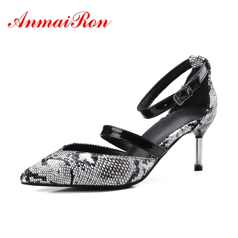 

ANMAIRON Summer Women Shoes Thin High Heels Pointed Toe Leopard Buckle Shallow Lace Up Wedding Party Office Casual Pumps CR119