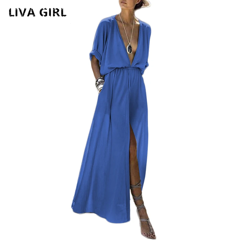 Sexy Deep V-Neck Women Dress Solid Half Sleeve Split Elegant Ladies Loose Party Vestidos Black Grey S-3XL | Женская одежда