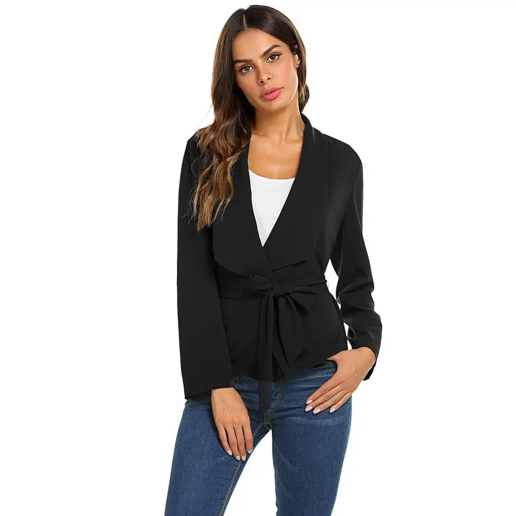 Women Casual Turn-Down Collar Long Sleeve Spring Autumn Solid Belt Open Front Slim Jackets Open-front | Женская одежда