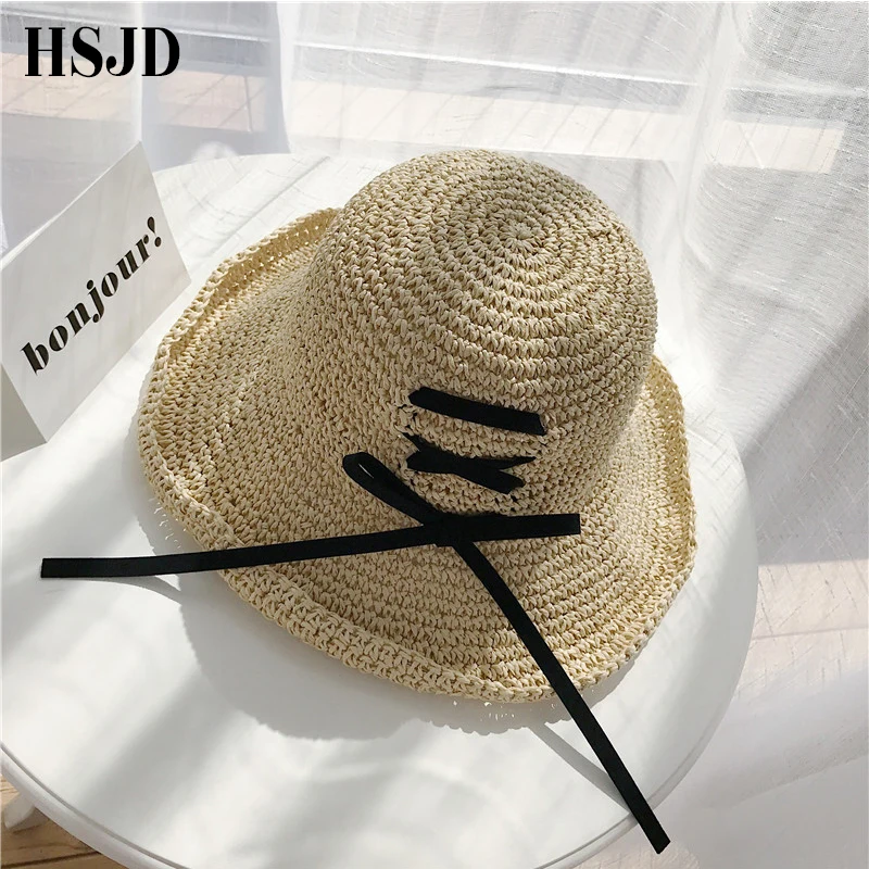 Женская соломенная шляпа ручной работы черная с широкими полями складная