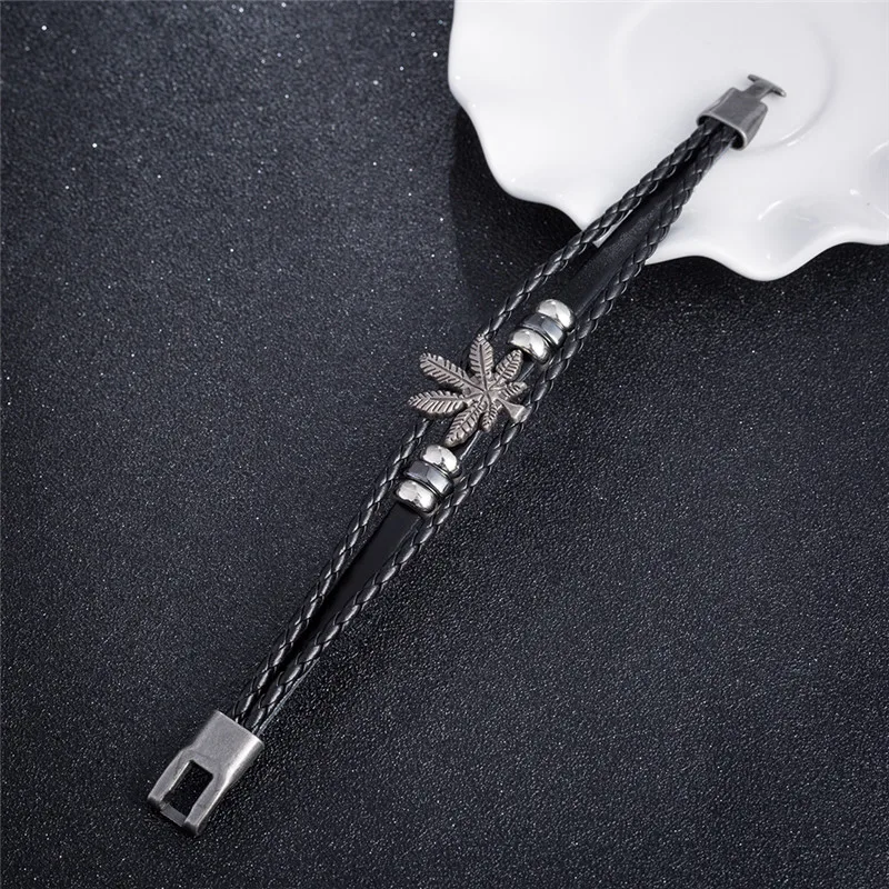 Браслет черный 3 нити веревка кожа ручной работы Искусственный лист подвеска для
