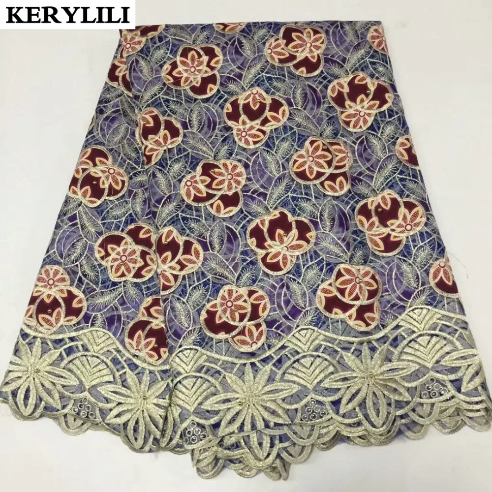 KER YLILI новая фиолетовая африканская восковая ткань тюль кружево золотая линия