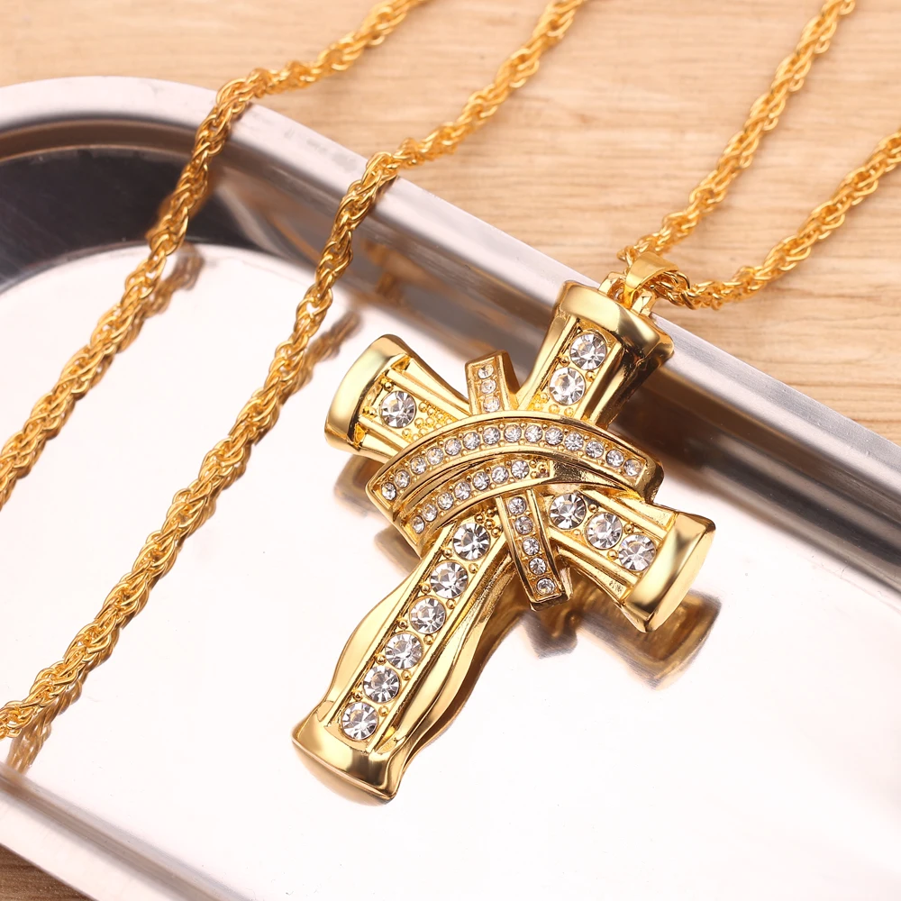 Hip Hop Stainless Steel Cross Pendant Necklace Shellhard Gold Color Crystal Long Chain Men Women Charm Jewelry | Украшения и