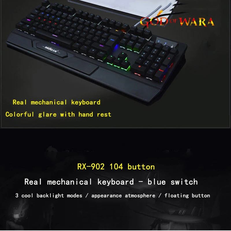 RX-902, настоящая механическая клавиатура, USB, с подсветкой, проводная игровая клавиатура, синий переключатель, 104 ключ, для офиса, игры, развлечения