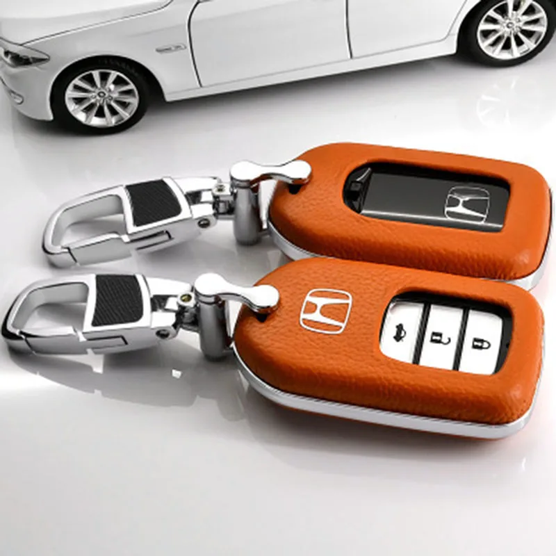 Orange with Keychain Автомобильные аксессуары верхний слой кожаный чехол для ключа автомобиля для Honda CRV/CIVIC/Accord 9/CITY/Crosstour/VEZEL автомобильный брелок - Название цвета: Orange with Keychain