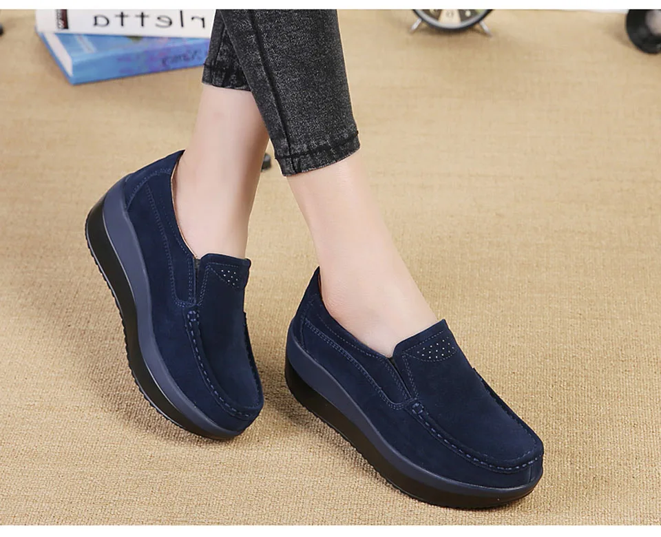 QWEDF Women Flats Platform Loafers Ladies Elegant Genuine Leather Moccasins Shoes Woman Slip On Casual Women's Shoes DC-101