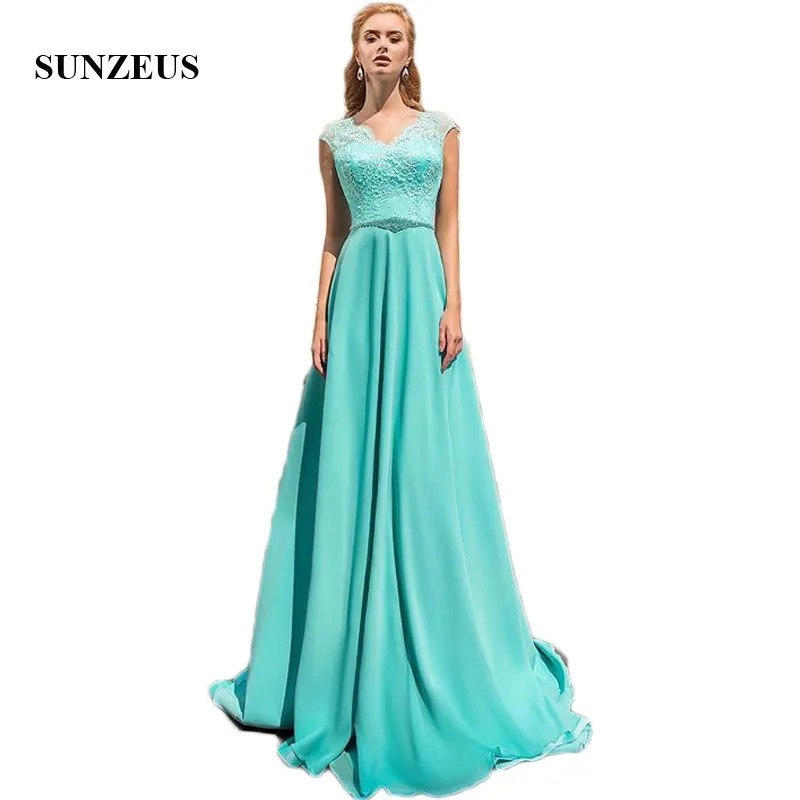 

Turquoise Chiffon A-Line Bridesmaid Dresses 2022 Newly Lace Wedding Party Dresses V Neck Tank Beaded Prom Dress Backless SBD182