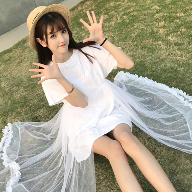Милое летнее платье ulzzang в Корейском стиле женские сетчатые прямые платья