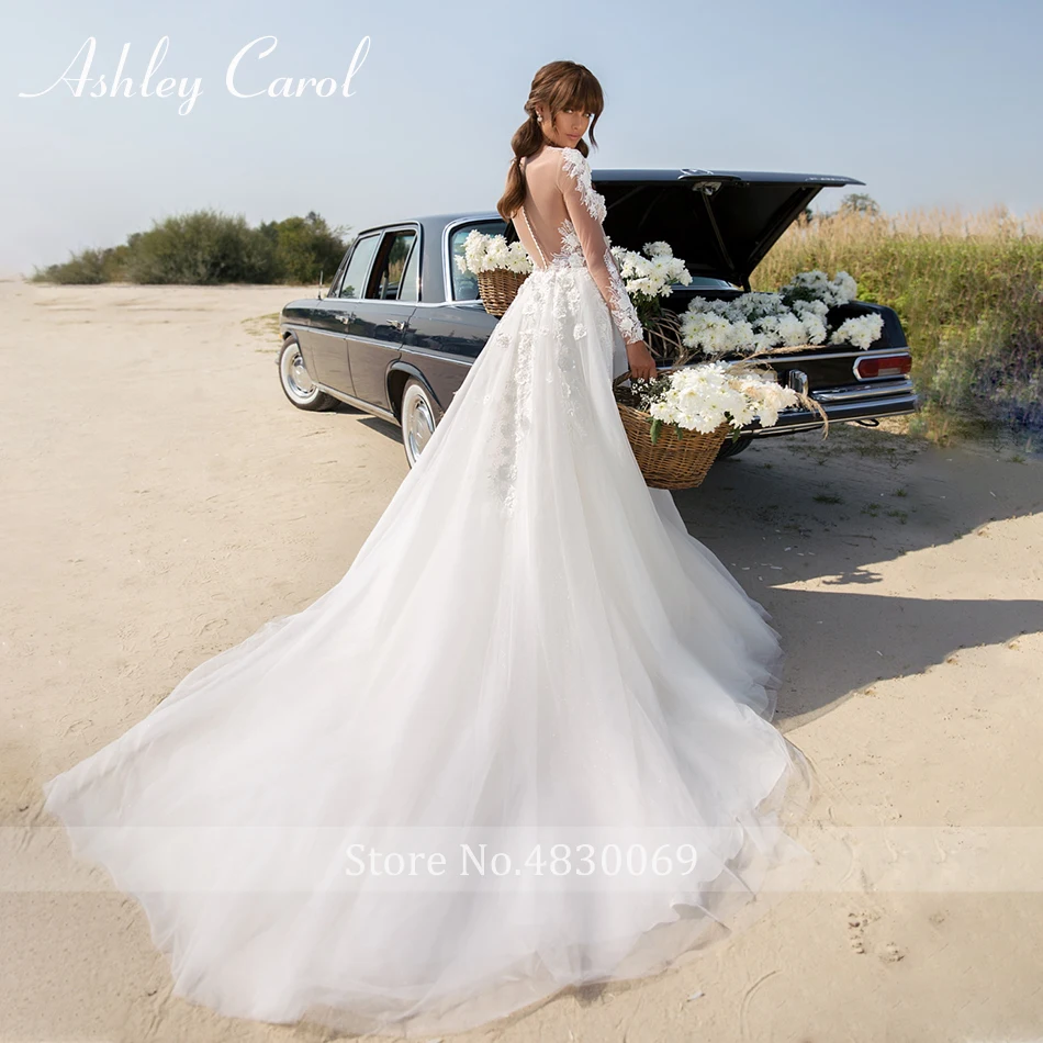 Ashley Carol Элегантный Эластичный длинный рукав кружева иллюзия черное свадебное платье бисером платье невесты Свадебные платья без спинки