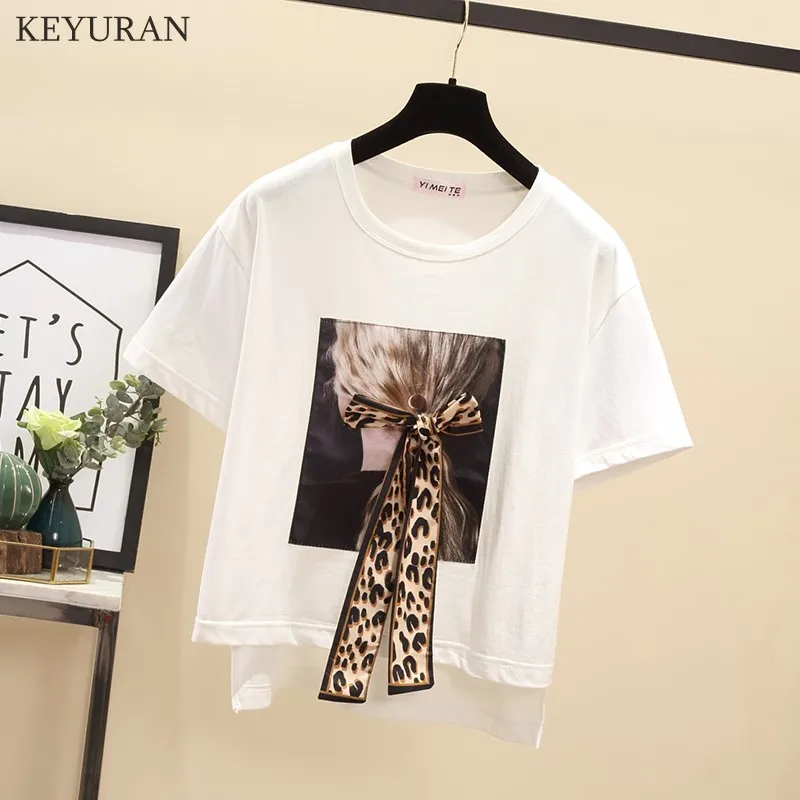 Большие размеры L-4XL Leopard Bow нашивка на галстук футболки 2019 летние хлопковые Femme