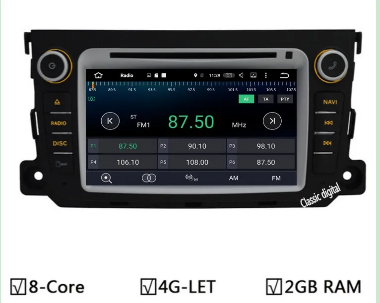 Dvd плеер GPS для Mercedes Benz Smart Fortwo 1024x600 Android 6.0/7.1 Octa core 2 ГБ оперативная память 32