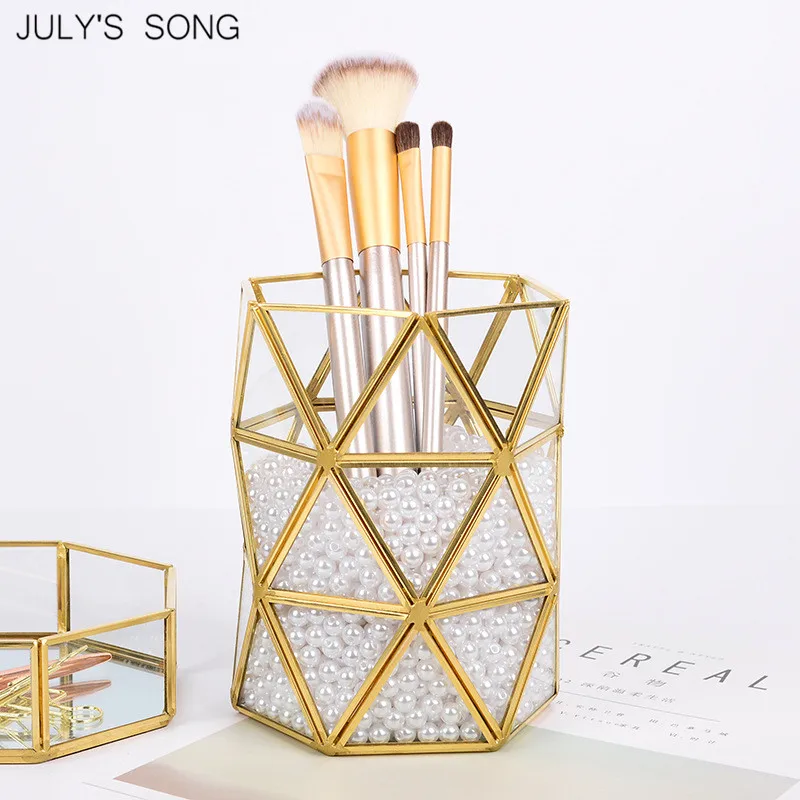 JULY'S SONG Изысканная Золотая стеклянная коробка для хранения, органайзер для макияжа, косметический держатель для кистей, чехол, лотки для мелочей, Декор для дома, офиса, стола