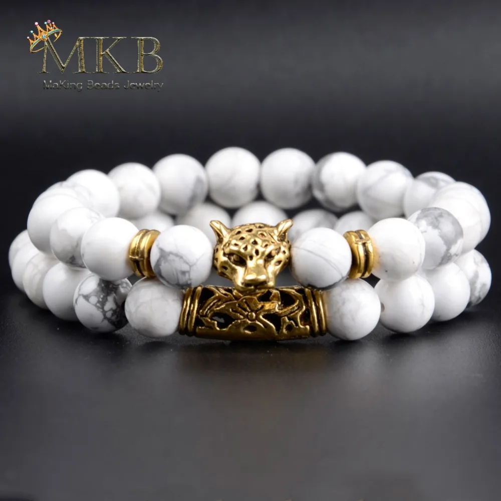 Трендовый натуральный камень браслет 2 шт./компл. Howlite бусы Леопардовый шарм