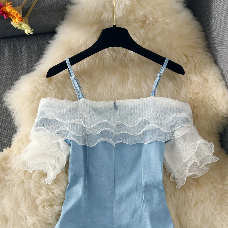 

Fashion Women Adjustable Suspender Denim Dress 2019 Summer Slim Elegant Ruffled Patchwork Dress Sexy Ladies Denim A line Dresses