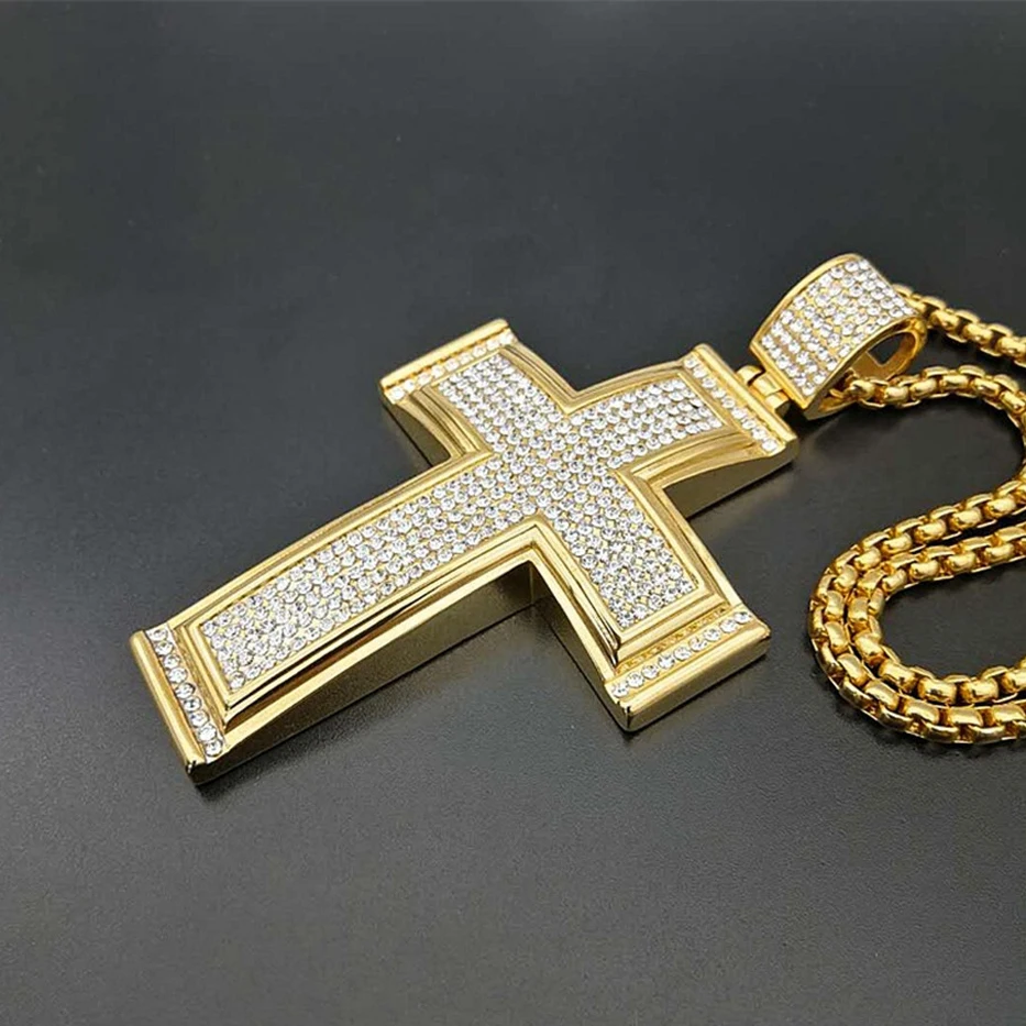 Хип-хоп Iced Out подвеска с большим крестом ожерелье для мужчин золотой цвет из нержавеющей стали горный хрусталь ожерелье хип-хоп христианские ювелирные изделия