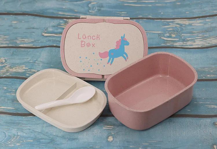 Cokytoop Ланч-бокс для детей Пшеничная солома Единорог Bento коробки 2 слоя с ручкой ложка Broodtromme Licorne контейнер для еды