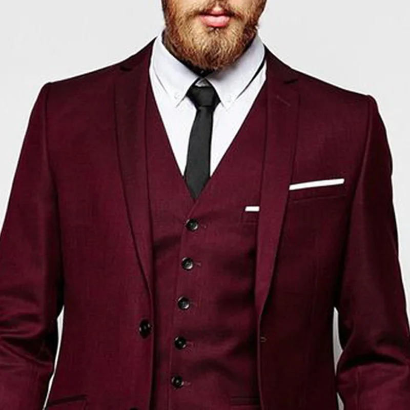 Бордовый для мужчин костюмы Slim fit выпускного вечера свадебные жениха v образный