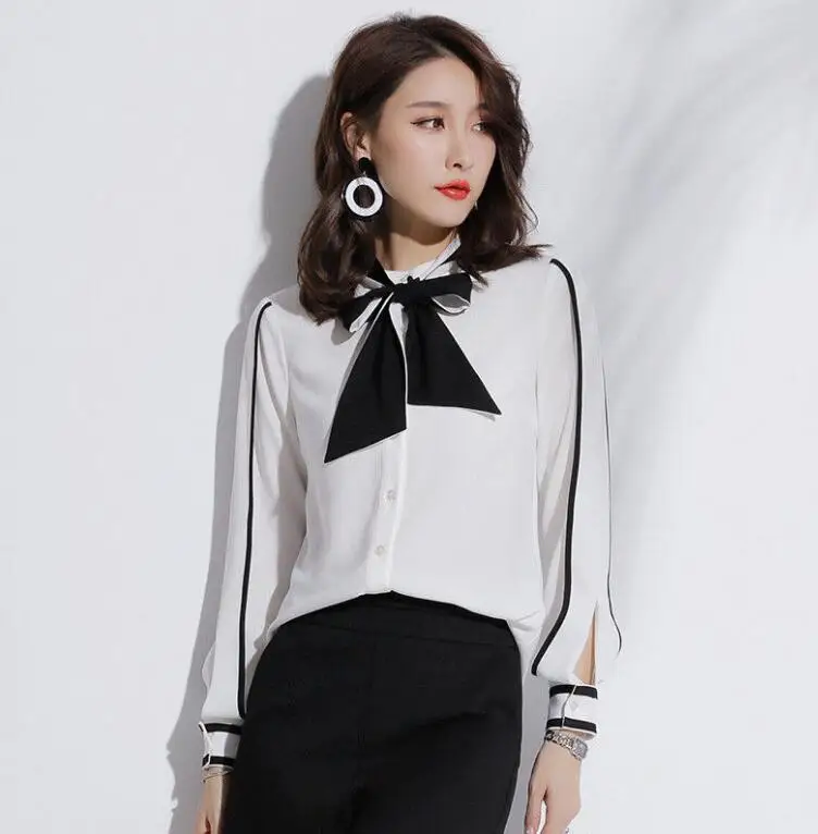 Весна Для женщин с бантом одежда длинным рукавом Slim Fit белый Шифоновая блузка