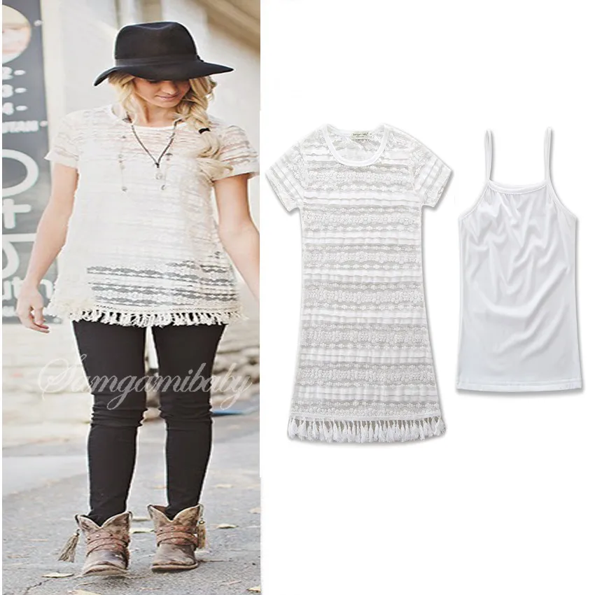 Платья для мамы и дочки кружевное платье маленьких девочек + белый жгут футболка