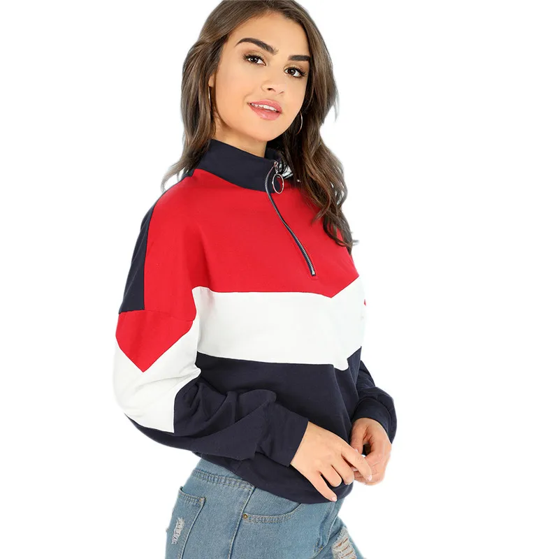 

2019 New Women Casual Trend Cloth Spring Fall Long Sleeve Patchwork Crop Hoodies Sweatshirts Zipper Pullovers