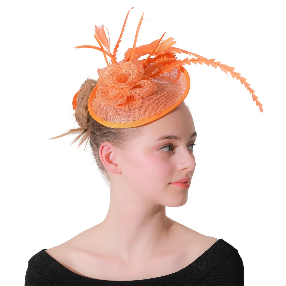 

Women Sinamay Married Chapeau Hats Ladies Elegant Orange Fascinators Wedding Headwear With Fancy Feathers Hair Accessories